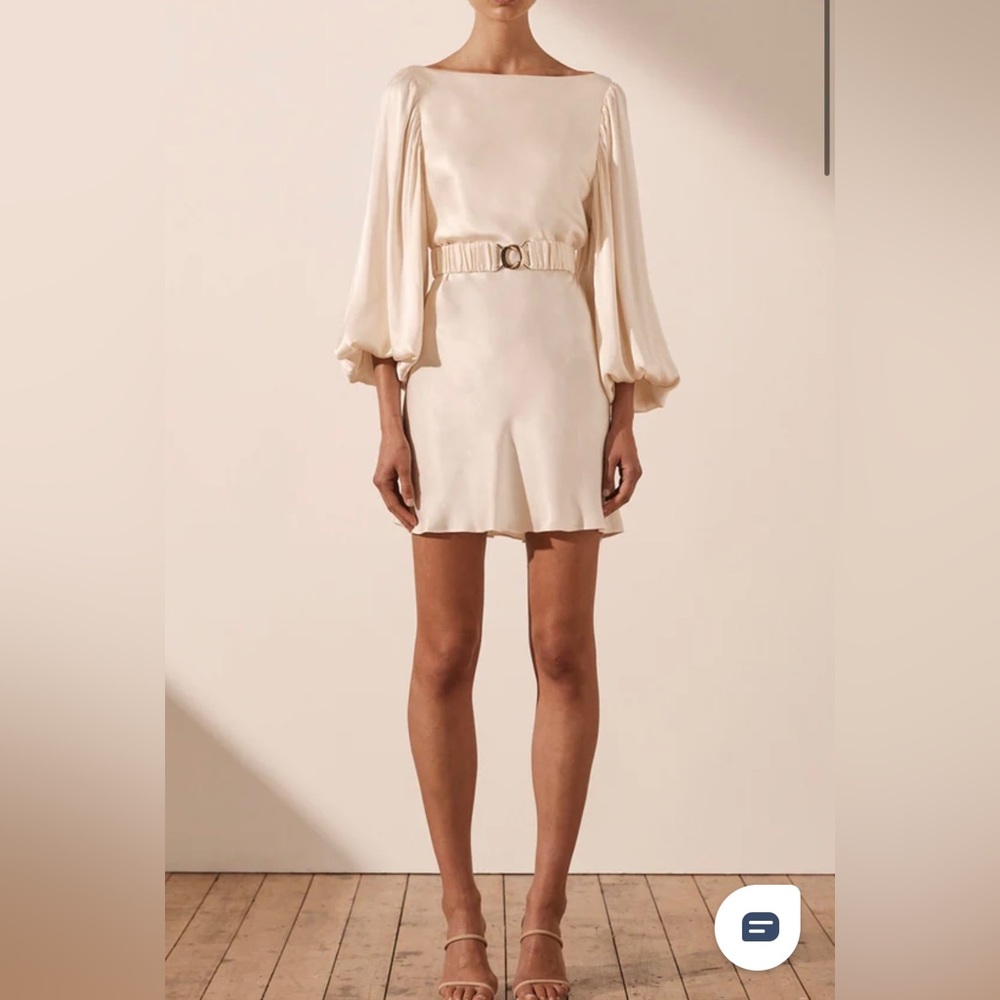 Shona Joy La Lune Balloon Sleeve Cream Mini Dress with Belt